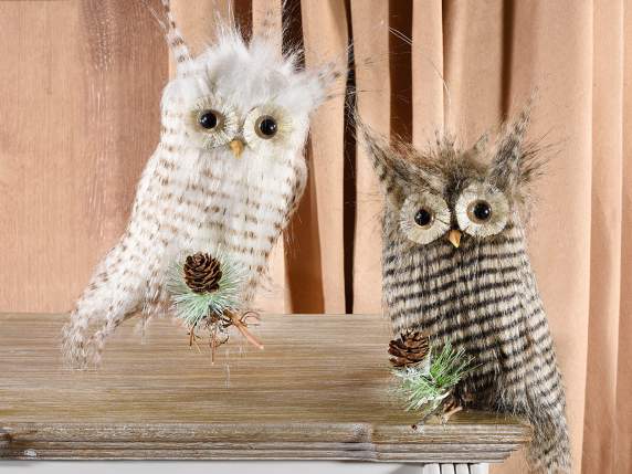 Soft eco-fur owl on branch with pine cone to hang