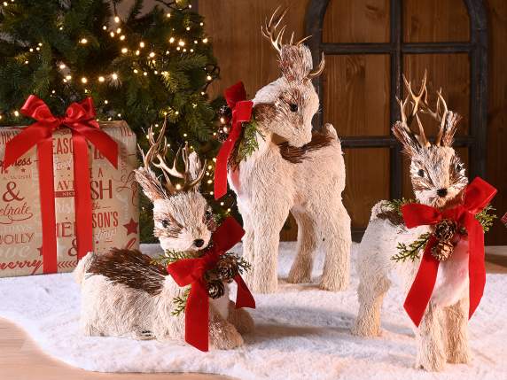 Christmas Reindeer in Fiber with Decorations and Bow