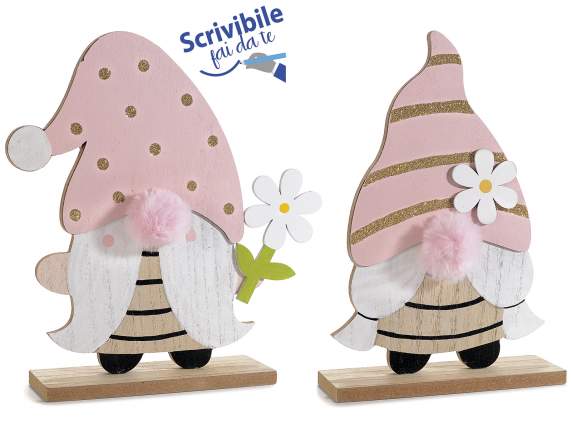 Wooden gnome to stand with flower and glitter details