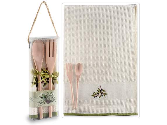 Embroidered cotton dish towel with wooden cutlery in gift bo