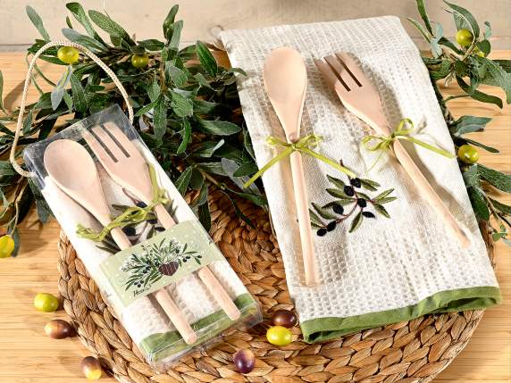 Embroidered cotton dish towel with wooden cutlery in gift bo