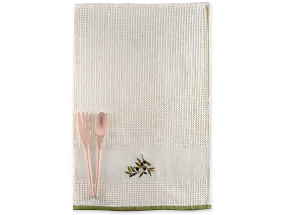 Embroidered cotton dish towel with wooden cutlery in gift bo