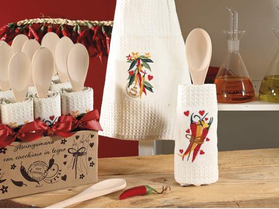 Embroidered cotton dish towel with wooden spoon