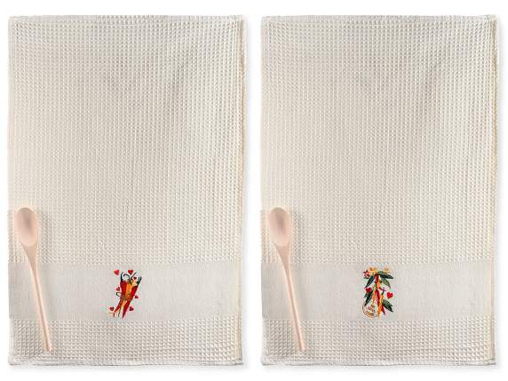 Embroidered cotton dish towel with wooden spoon