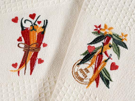 Embroidered cotton dish towel with wooden spoon