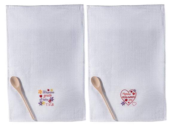 Embroidered cotton dish towel with wooden spoon