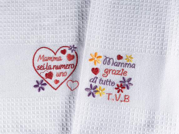 Embroidered cotton dish towel with wooden spoon