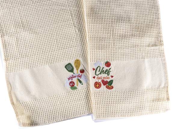 Embroidered cotton dish towel with wooden spoon