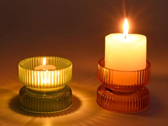 Double-use knurled colored glass candle holder