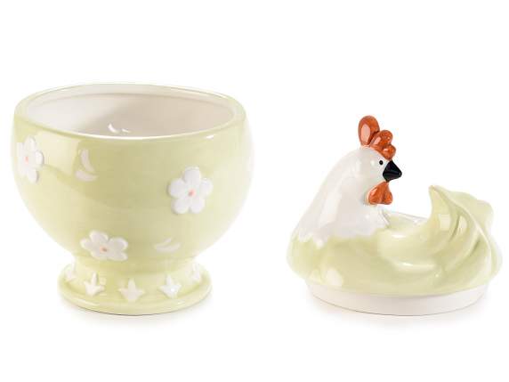 Ceramic chicken food jar with flowers relief