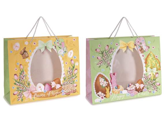 Easter patterned paper bag with oval window and tag