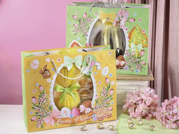Easter patterned paper bag with oval window and tag