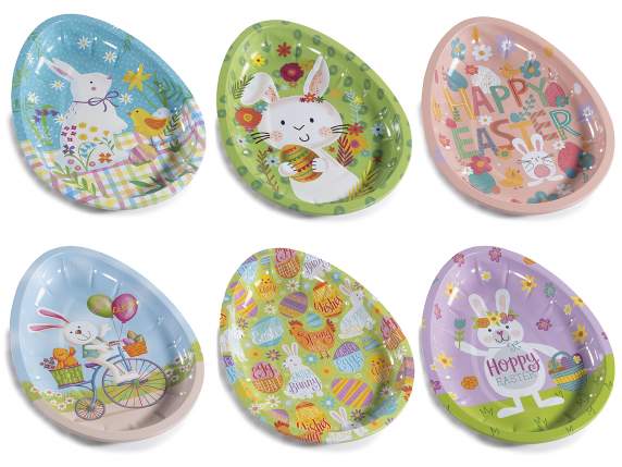 Egg-shaped metal tray with Easter print