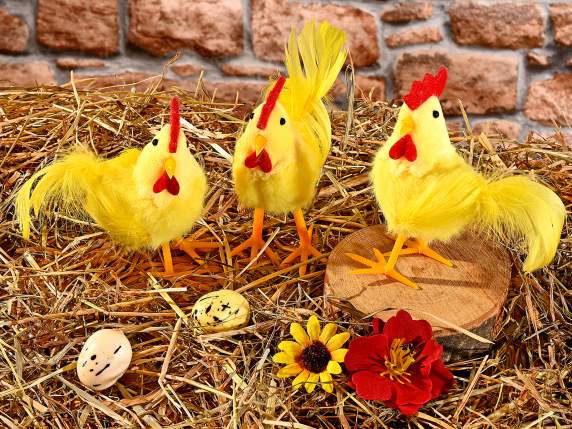Chicken in soft eco fur and feathers to place