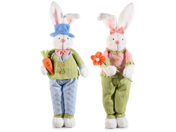 White rabbit in soft fur with clothes, flower and carrot