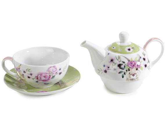 Set of cup, teapot and saucer in decorated porcelain