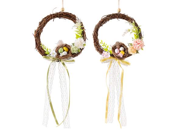 Wooden garland with Easter egg nest and bow to hang