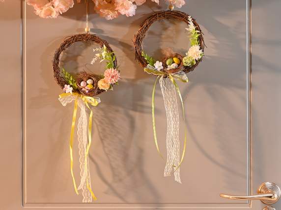 Wooden garland with Easter egg nest and bow to hang