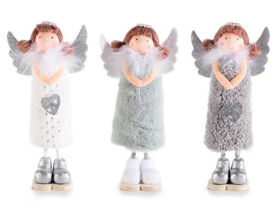 Angel in soft eco-fur wings and silver heart to place