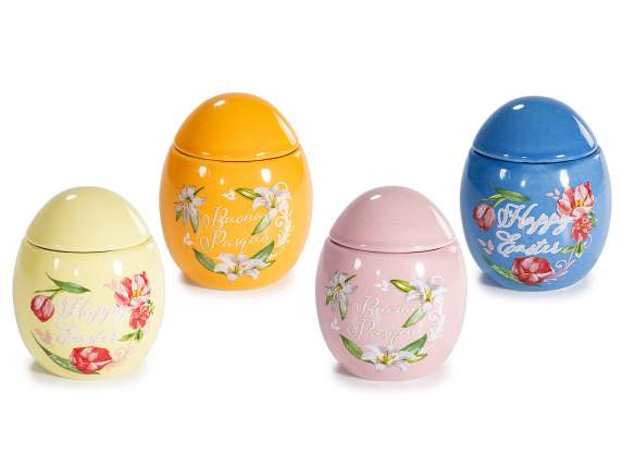 Egg-shaped ceramic food jar with floral decorations