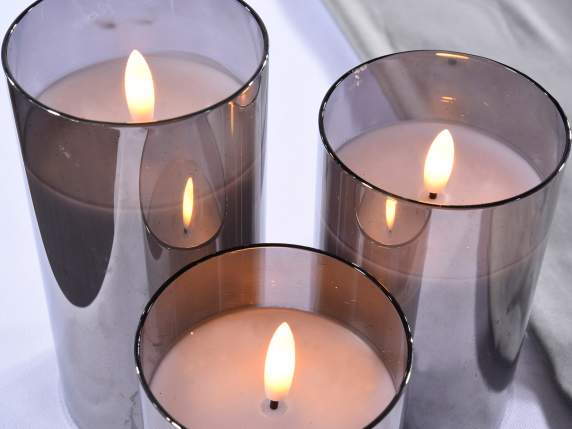 Set of 3 electronic glass wax candles with fixed LED flame