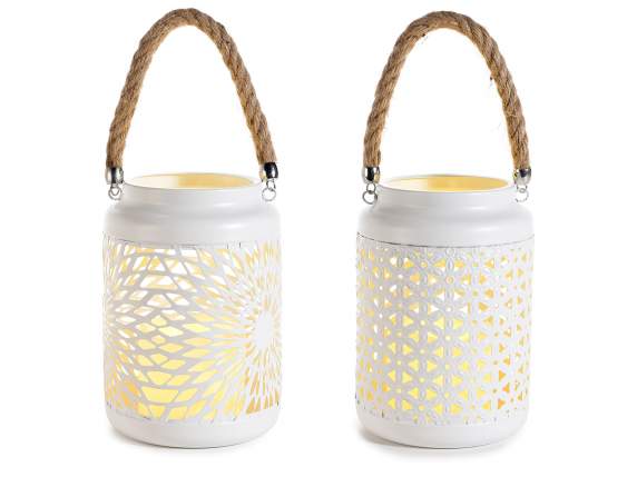 Metal lantern with electronic candle and rope handle