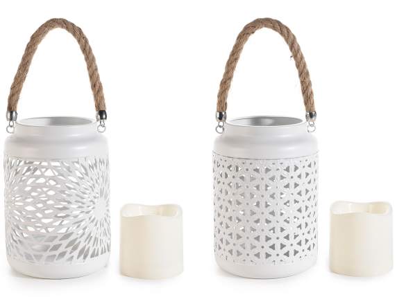 Metal lantern with electronic candle and rope handle