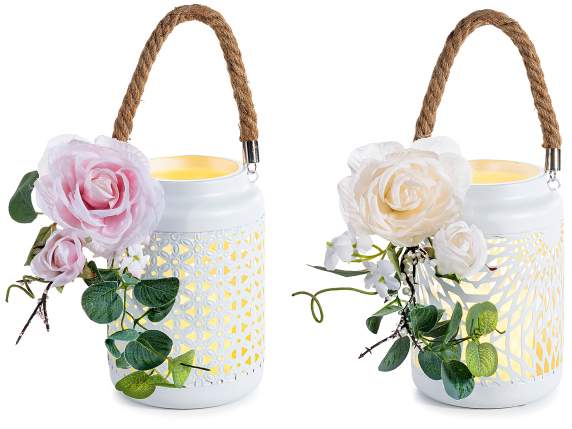 Metal lantern with electronic candle and rose branch