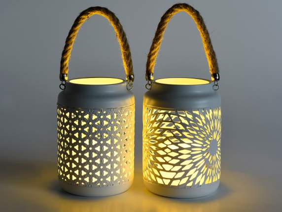 Metal lantern with electronic candle and rope handle