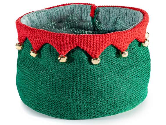 Knitted Christmas basket with elf theme and golden bells