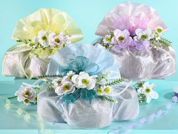 Dove carrier bag with iridescent effect fabric and drawstrin