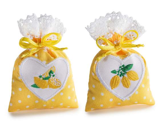 Cotton bag with lemon embroidery, lace edge and drawstring