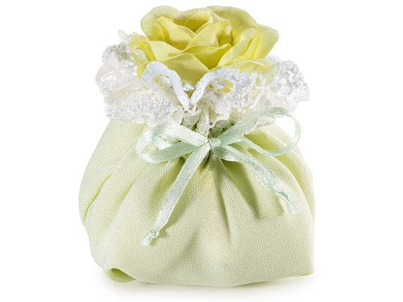Green cloth bag with lace edge, rose and drawstring