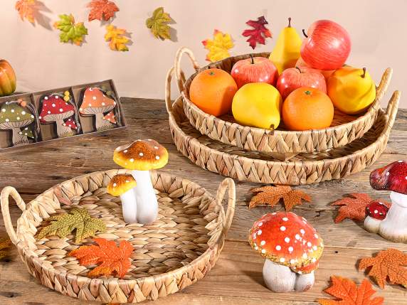 Set of 3 baskets, round hyacinth woven trays with handles