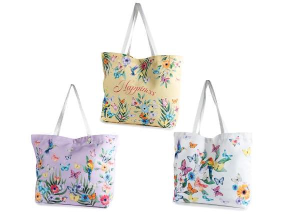 Fabric shopper bag with flower and butterfly decorations