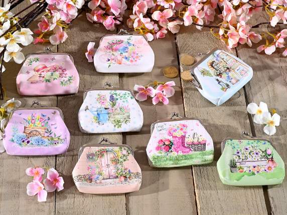 Faux leather coin purse with snap closure and floral print