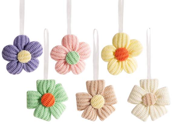Colorful knitted flower with string to hang