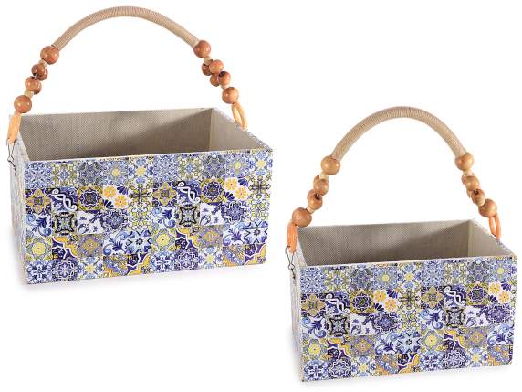 Set of 2 wooden baskets with semi-rigid majolica handle