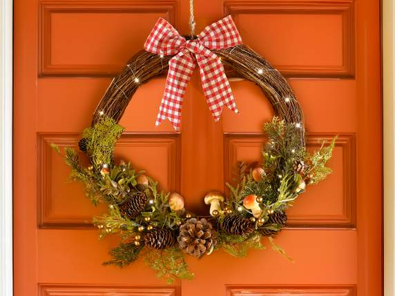 Garland mushrooms, berries and pine cones with gold glitter