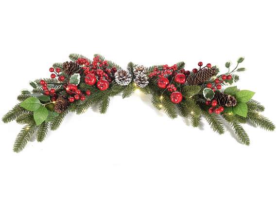 Garland with apples, pine cones, red berries and LED lights