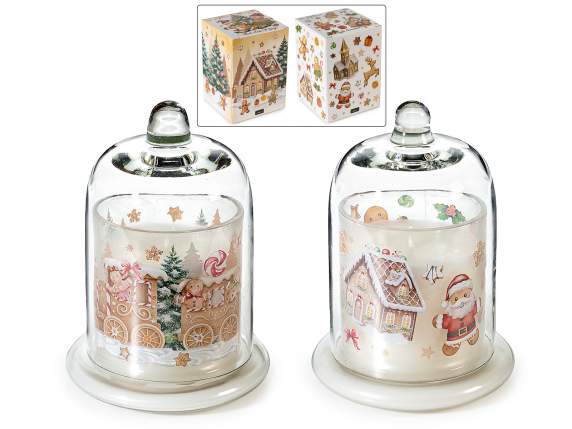 Scented candle in glass bell jar decorated with gingerbread