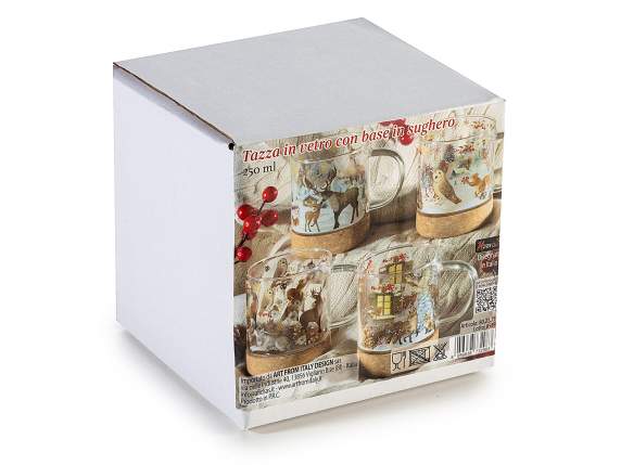 250ml glass mug with handle, cork base and animal decoration