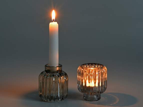 Knurled colored glass candle holder with dual use