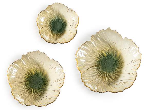 Set of 3 colored glass food plates with a flower shape
