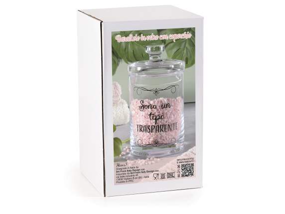 Glass food jar with lid and writing
