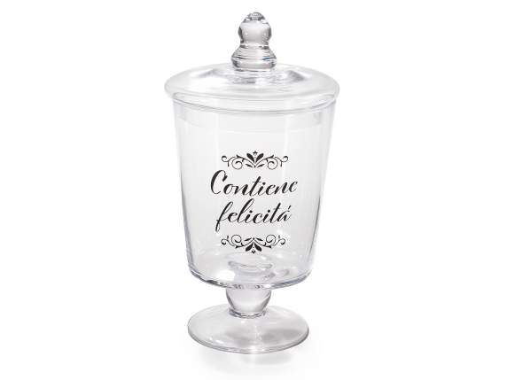 Glass food jar with lid and writing