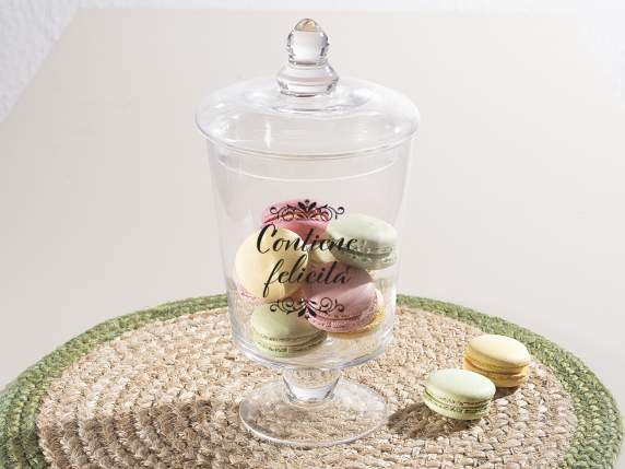 Glass food jar with lid and writing