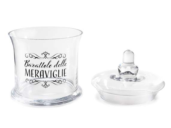 Glass food jar with lid and writing