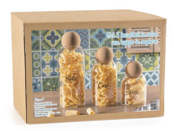 Set of 3 glass food jars with sphere cork lids
