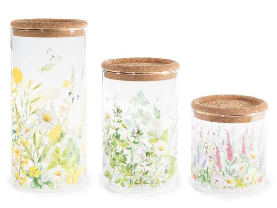 Set of 3 glass food jars with flower prints and lids